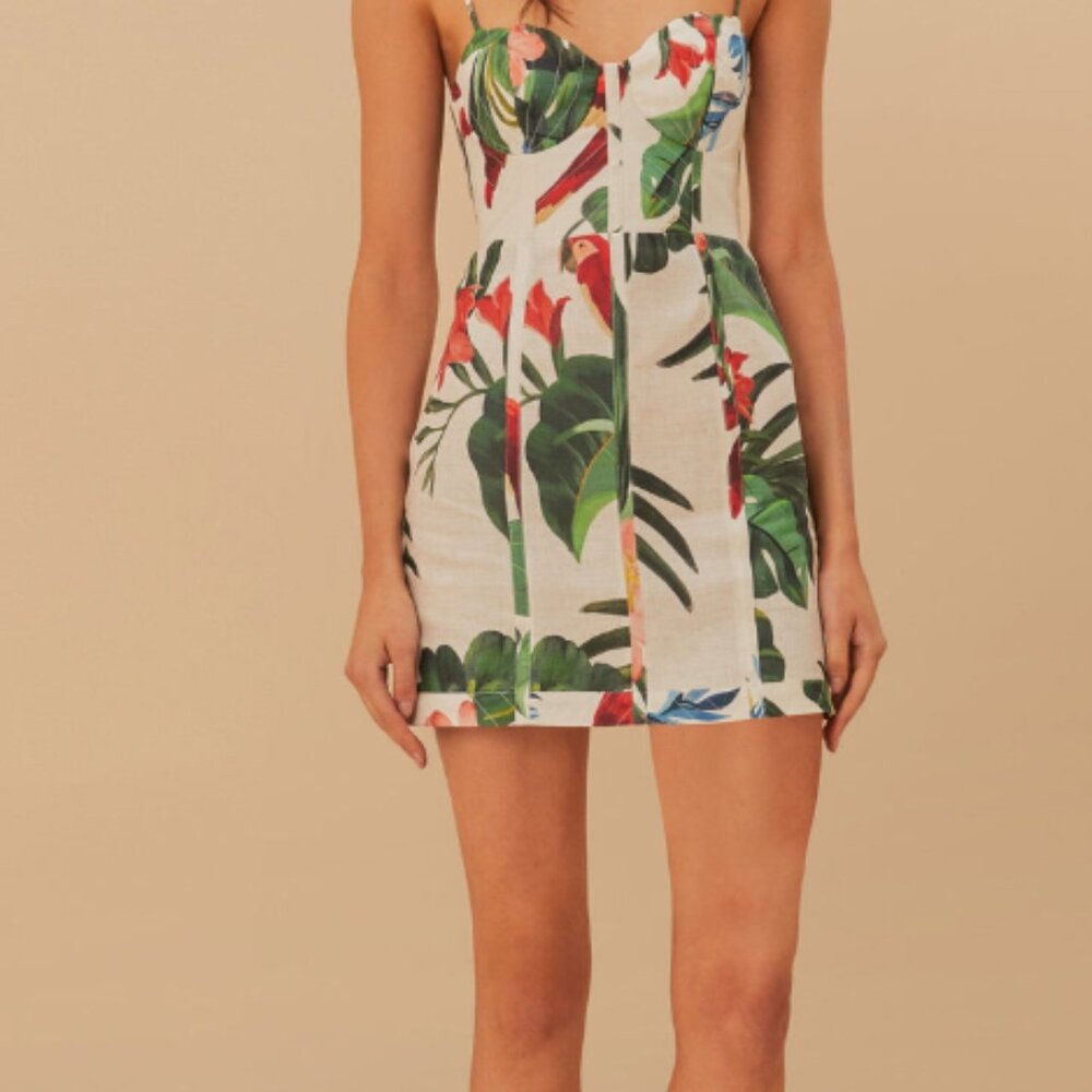 Farm Rio Macaw Fiesta off-white sleeveless flower mini dress